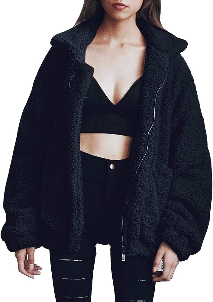 Lapel Zip Up Faux Shearling Shaggy Oversized Shacket