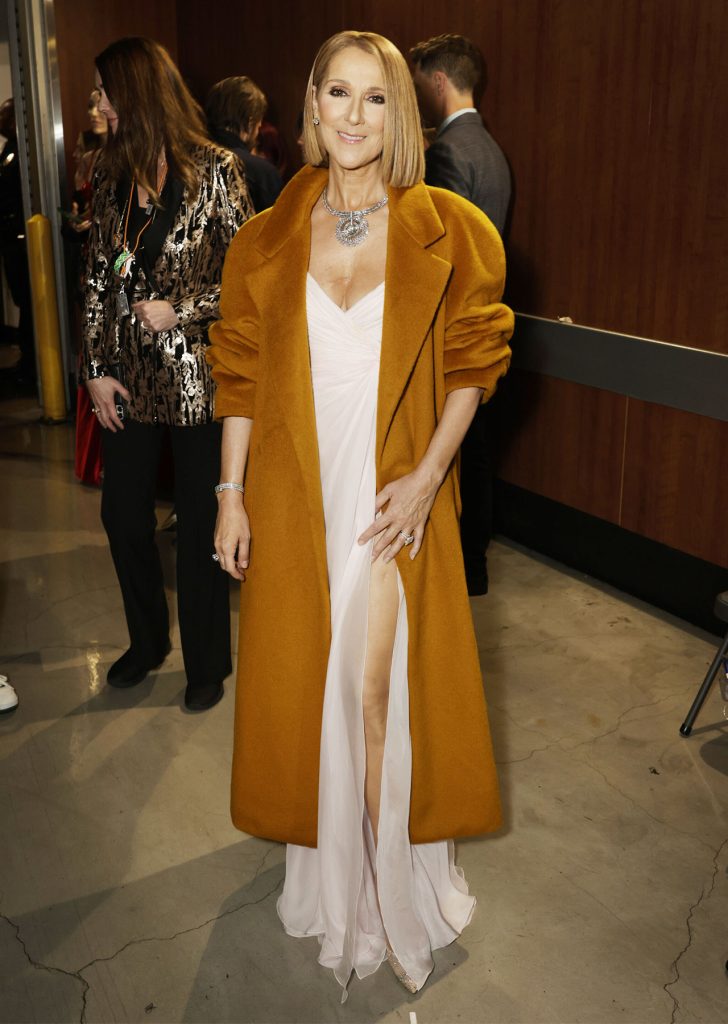 Why did celine wear a coat to the grammys