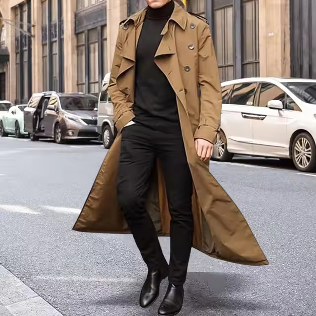 trench coat buttoned to the top