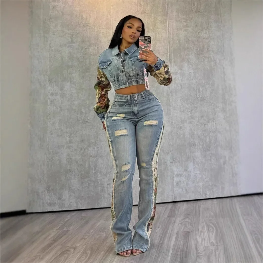 2 piece denim pants and jacket set